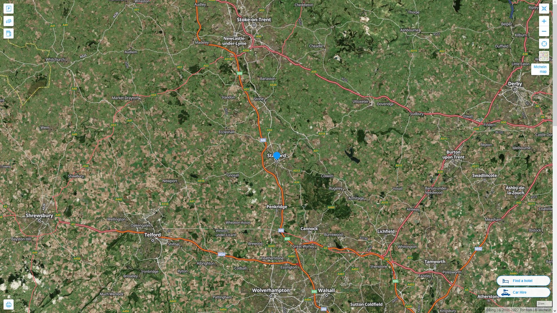 Stafford Royaume Uni Autoroute et carte routiere avec vue satellite